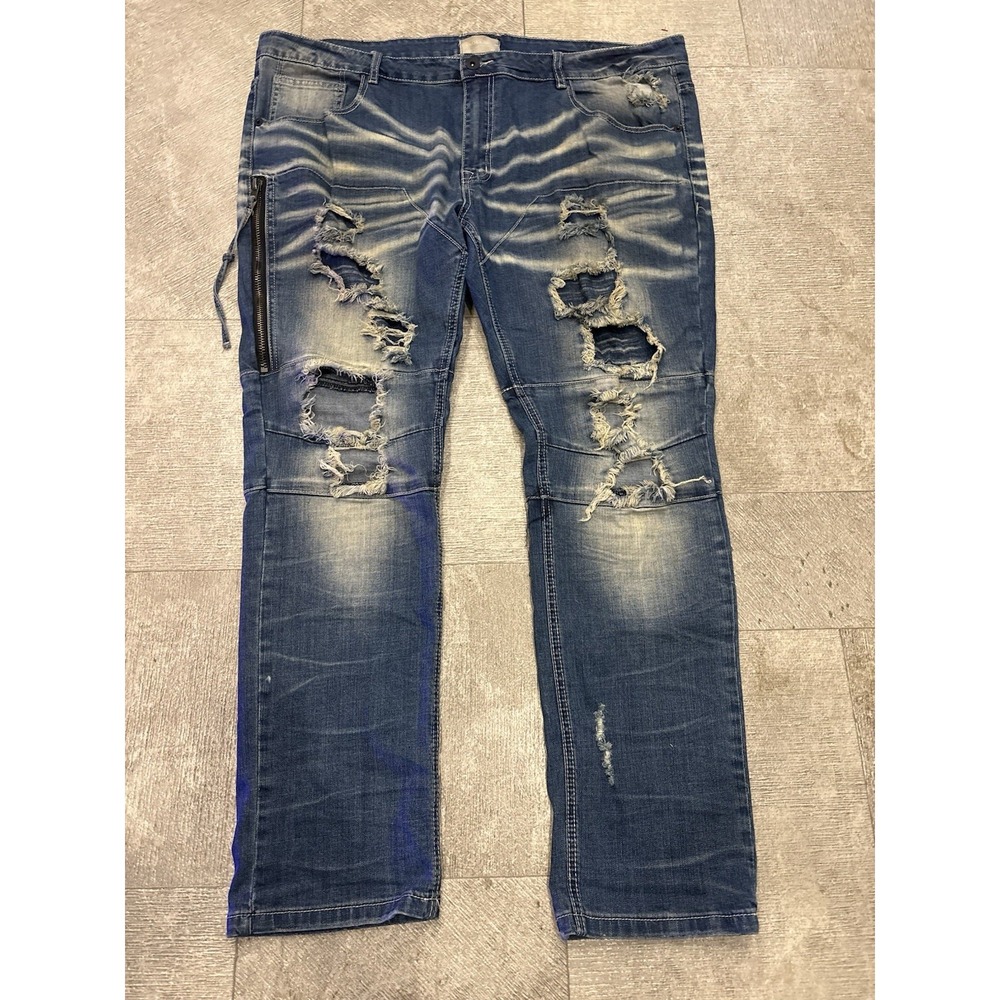 Smoke Rise Jeans Men's 44x32 Destressed Moto Biker Denim Blue Wash Zip Pocket